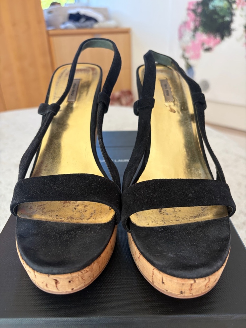 Miu Miu Black Suede Cork Platform Slingback Sandals